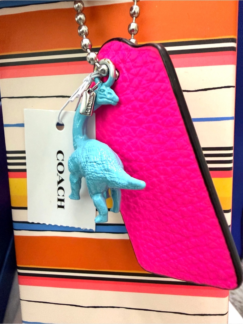 Coach Hot Pink Leather Tag with Turquoise Dinosaur Charm